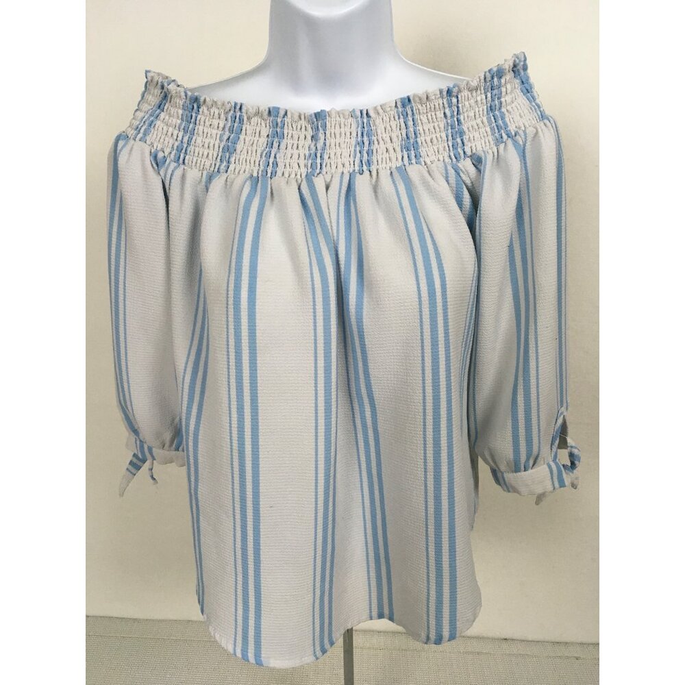 Rue21 Womens Top Size M Light Blue White Off Shoulder Striped 3/4 Sleeves